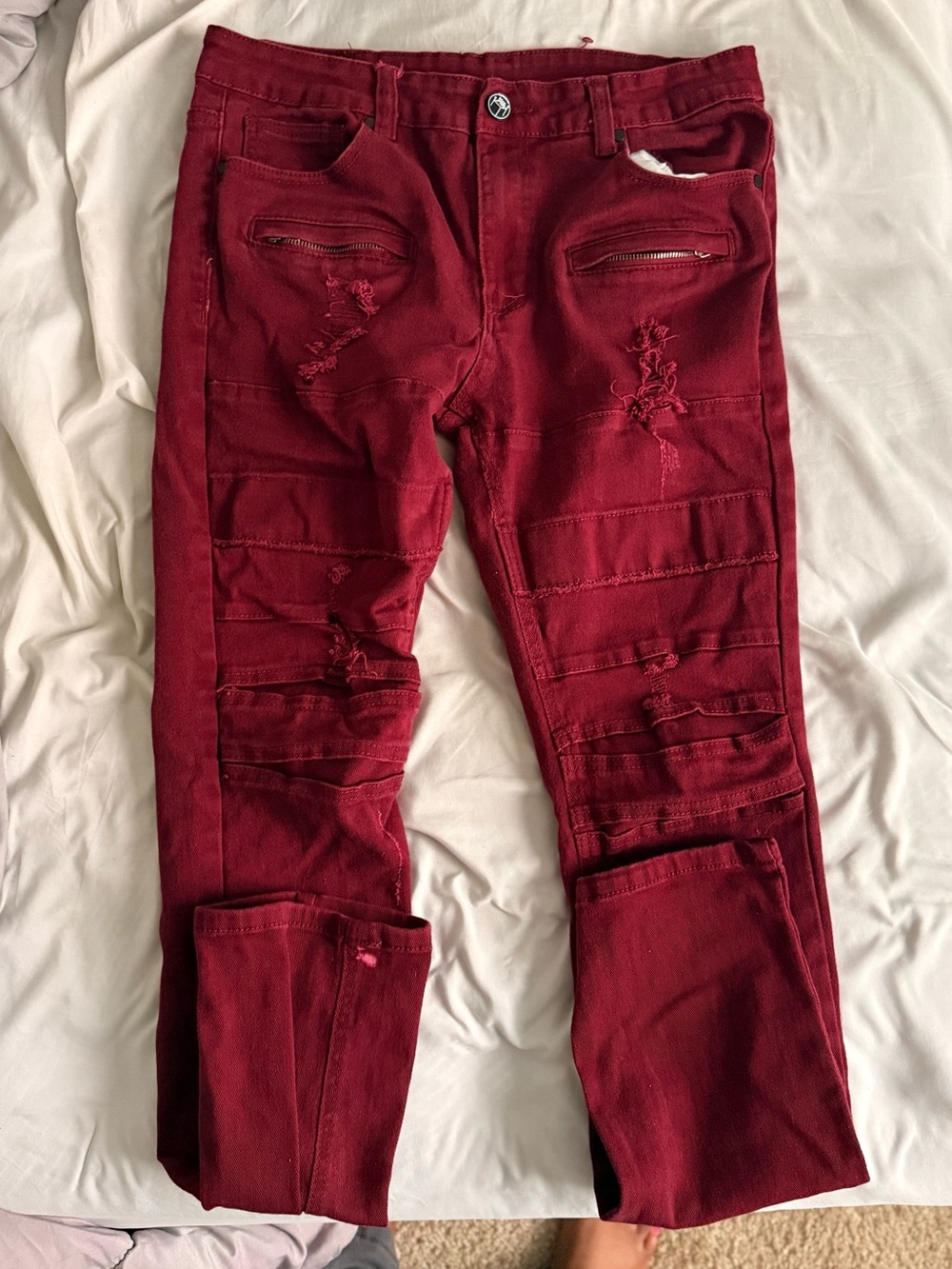 Men's Skinny Distressed Jeans - Burgundy (bleach dot at the bottom)